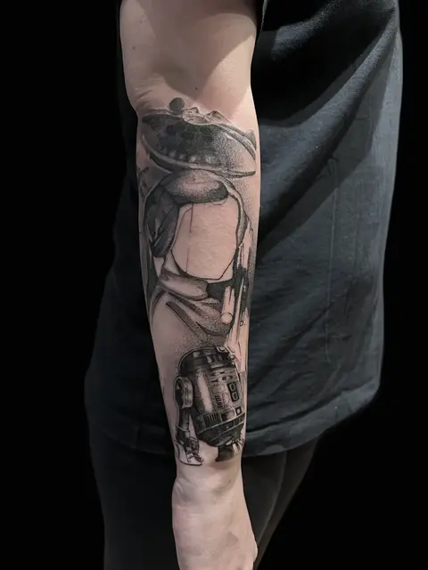 Arm-Sleeve mit R2-D2 aus Star Wars und Wüstenlandschaft, Black & Grey